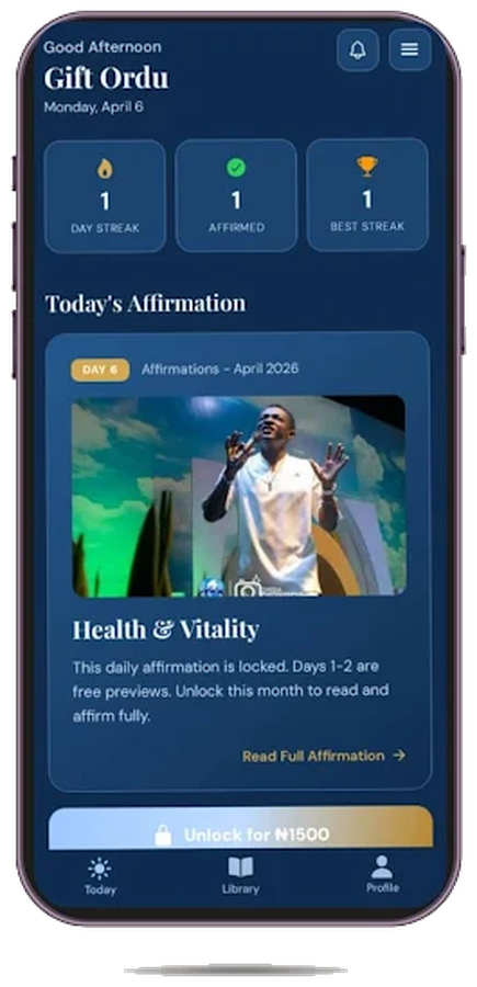 Today screen with daily affirmation and streak stats